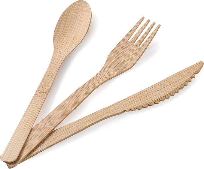 Bamboo Knives 100 Count - Heavy Duty Serrated Disposable Knives Utensils for Parties Catering Weddings BBQ Camping - Natural Flatware - 2ZEBRAZ