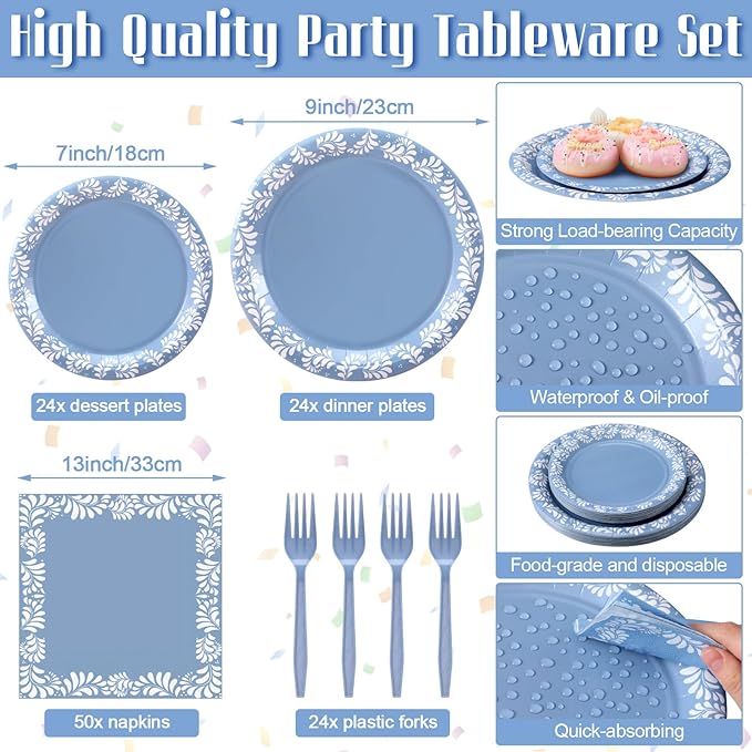 AmazingSpark 122 Pcs Blue Cielito Lindo Baby Shower Decoration Platos De Barro Mexicanos Fiesta Talavera Paper Plates Mexican Napkins Forks Tableware Set for Birthday Weeding Party Supplies, Serve 24