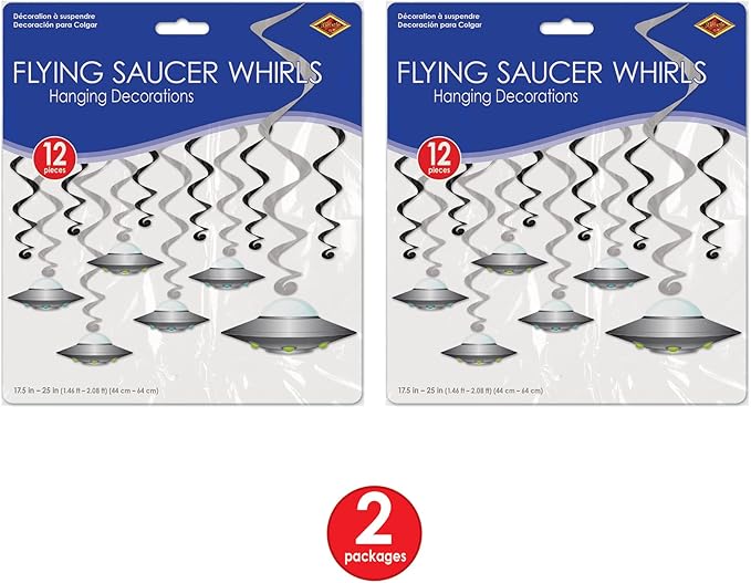 Beistle Flying Saucer Whirls – 24 Pack, Black & Silver Hanging Swirl Decorations with UFO Cutouts, Space-Themed Ceiling Décor for Alien Parties, Sci-Fi Events & Cosmic Galaxy Celebrations, 17½"–25"
