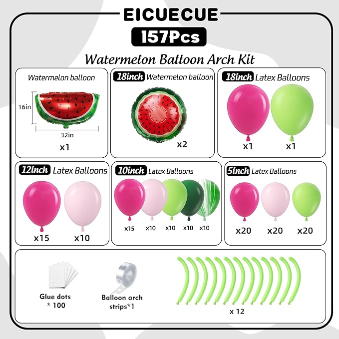 Fruit Balloon Garland Arch Kit - 157Pcs Watermelon Balloons Hot Pastel Pink Lime Green Balloon Arch Kit for Summer One in a Melon Theme Birthday Baby Shower Party Decorations