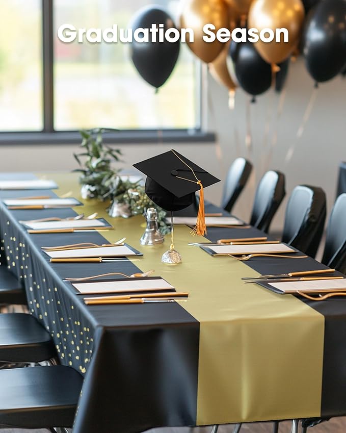Pureegg Plastic Table Cloth Disposable 8 Pack, 54 x 108 Inch, Table Runner Style, Graduation Decorations 2026, Party Tablecloths, Rectangle, Plastic Cover, Leakproof & Sturdy, Black Gold
