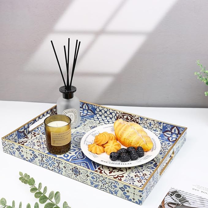 Spsyrine Decorative Serving Tray with Handles, Lacquered Coffee Table Tray for Ottoman, Rectangular Waterproof Platters for Centerpieces, Parties, Living Room, Kitchen Counter Organization SP3040RE1
