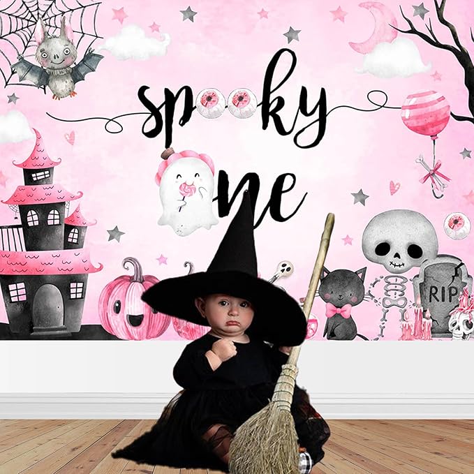 Mocsicka Halloween Spooky One Backdrop Halloween 1st Birthday Party Decoratoon Watercolor Spooky Ghost Spooktacular Birthday Banner Photo Shoot Props (Pink, 10x7ft(120''x82''))