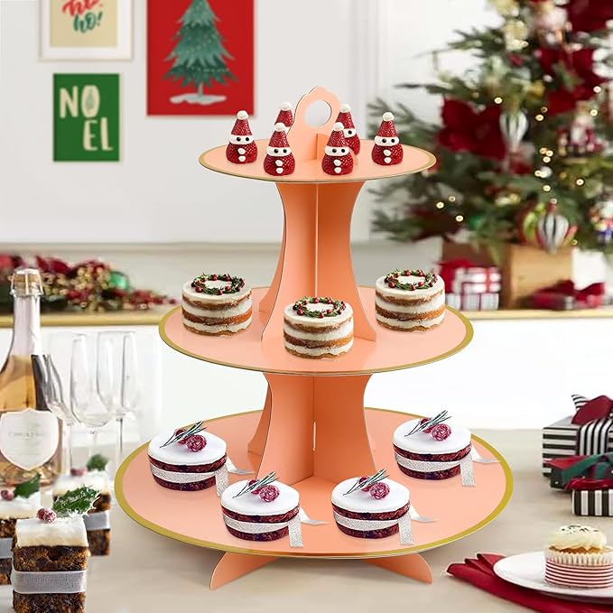 Soleebee 3-Tier Round Cupcake Stand, Cardboard Cupcake Tower, Dessert Cup Cake Stand Tower for Birthday Wedding Party Decoration, Cupcake Tier Stand 2 Set (Pink Gold)