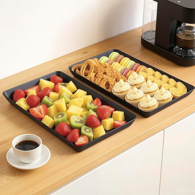 WOWBOX 10 pcs Serving Tray for Entertaining, Serving Platters for Snacks, Fruit, Cookies, Dessert, Reusable Plastic Trays for Serving Food and Pantry Organization in Kitchen & for Parties, (Black)