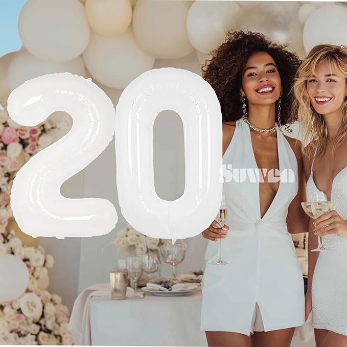 SUWEN 40 Inch White Large 20 Number Balloons Big Foil Helium Number Balloons 0-9 Giant Jumbo Happy 20th Birthday Party Decorations for Men or Women Huge Mylar Anniversary Party Supplies