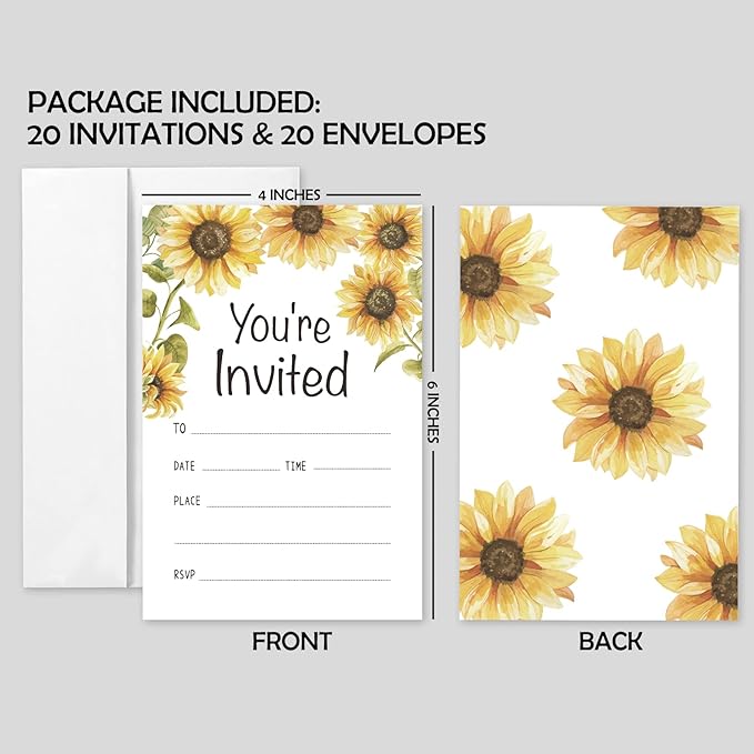 20 Sets You're Invited Sunflower Invitations With Envelopes,Sunflower Rustic Double-sided Printed Invitation Invite Cards for Wedding Bridal Shower Baby Shower Birthdays and Housewarming Parties