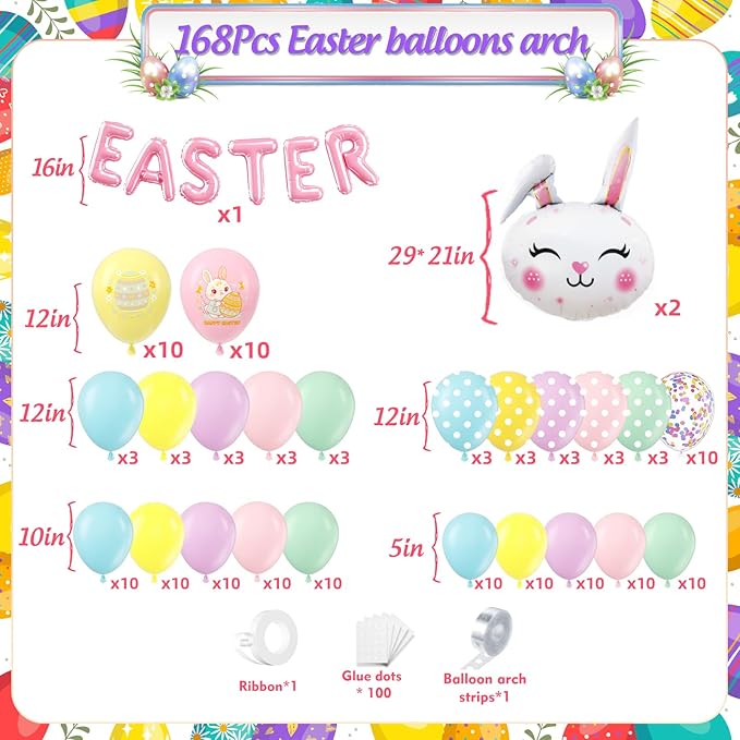 Pastel Balloon Garland Kit 168Pcs, Pastel Rainbow Balloon Arch Kit with Bunny Foil, Spring Colorful Balloon for Spring Easter Baby Shower Birthday Party Decorations