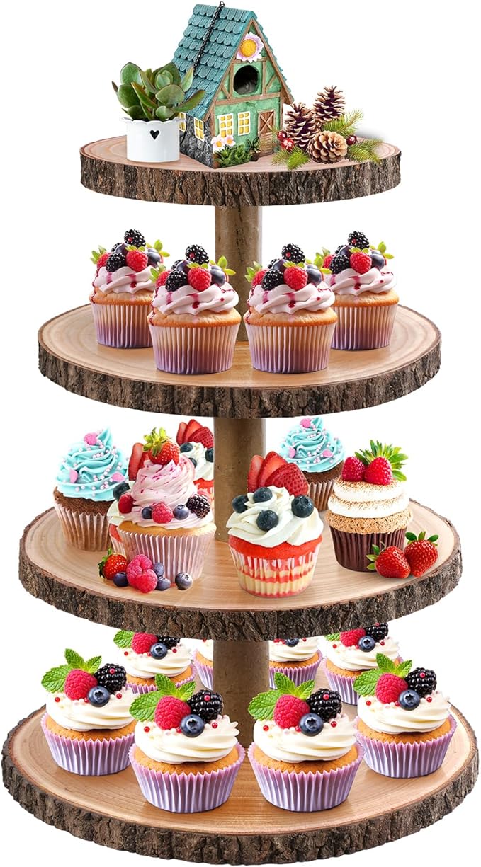 GrnVibe Cupcake Stand Wood Dessert Stands 4 Tier Cupcake Tower Large Cupcake Display Stand Rustic Cupcake Tier Stand for Woodland Baby Shower Decorations/Wedding/Birthday/Party/Farmhouse Decor