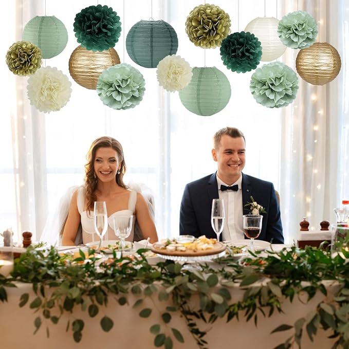 Sage Green Party Decorations, Paper Lanterns and Pom Poms Flowers for Birthday Party Baby Shower Wedding Shower Decor Gold/Ivory/Sage Green 15pcs