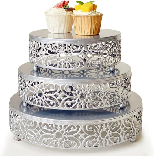 Silver Cake Stand, 3Pcs Round Metal Cake Stand Set, Dessert Cupcake Pastry Candy Display Plate 8" 10" 12" for Wedding, Event, Birthday Party (Silver Cake Stands / 3 Pcs)