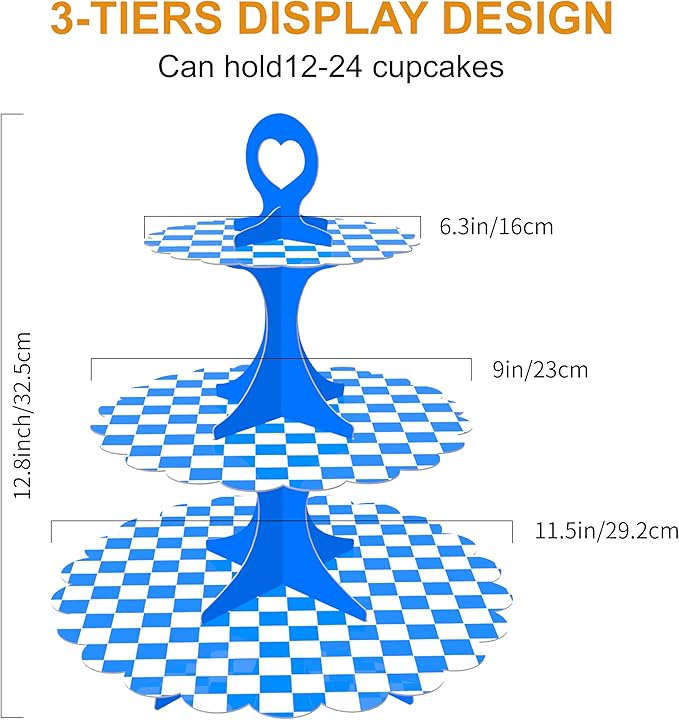 2 Pack 3-Tier Cupcake Stand,Blue White Checkered Cardboard Racing Car Theme Dessert Holder for Party Wedding Baby Shower Birthday Decor