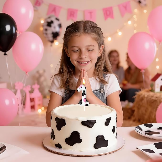 Number 1 Birthday Candle for Cake – Cow Print Design in White Black Pink – Farm Theme & Cowgirl Party Cake Topper Decoration