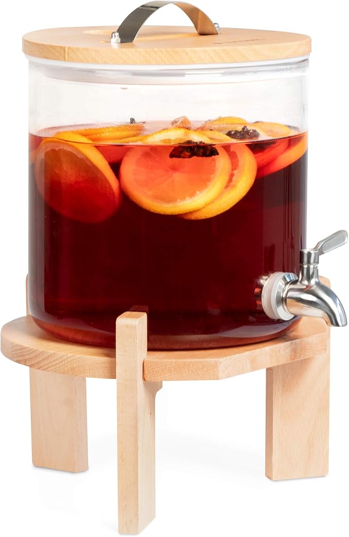 Navaris Beverage Dispenser with Stand - 1.3 Gallon (5L) Glass Drink Dispenser with Stainless Steel Spigot - Drinks Water Parties - Natural Beech Wood
