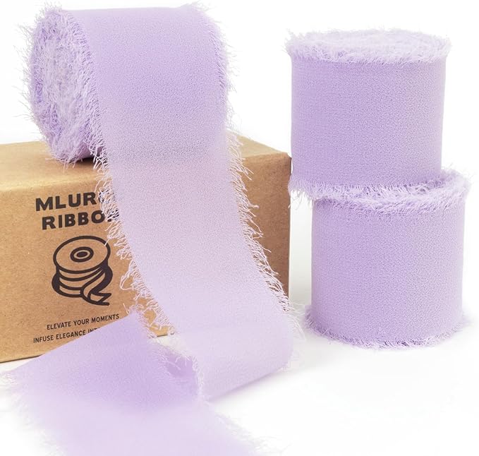 Lavender Chiffon Ribbon - 1-1/2 Inch x 21 Yards, Handmade Fringe, Lilac Chiffon Silk, Boho Frayed, Light Purple for Wedding Invitation, Bridal Flower Bouquets, Gift Wrapping