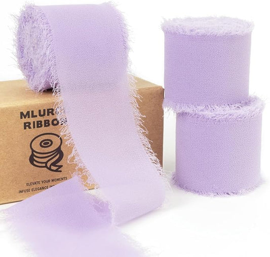 Lavender Chiffon Ribbon - 1-1/2 Inch x 21 Yards, Handmade Fringe, Lilac Chiffon Silk, Boho Frayed, Light Purple for Wedding Invitation, Bridal Flower Bouquets, Gift Wrapping