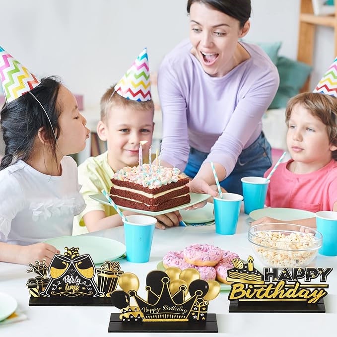 Leinuosen 6 Pieces Happy Birthday Table Centerpiece Black and Gold Happy New Year Wooden Sign Table Topper Party Decoration for Women Men Birthday Baby Shower Photo Booth, 6 Designs