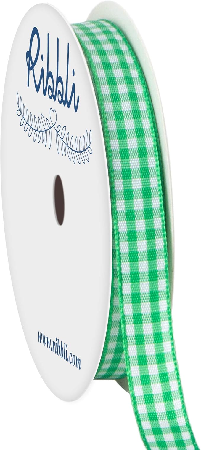 Ribbli Emerald Green and White Gingham Ribbon,100% Polyester Woven Edge,3/8 Inch x 10 Yard,Plaid Ribbon Use for Gift Wrapping,Party Decoration