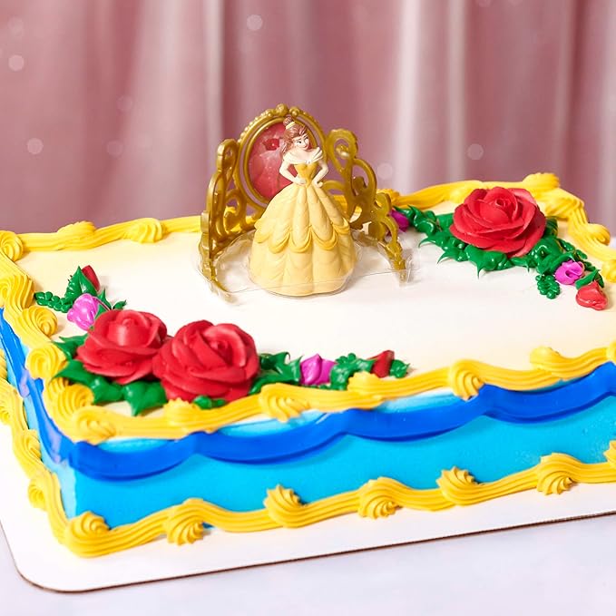 DecoSet® Disney Princess Belle Beautiful As A Rose Cake Topper, 2-Piece Decorations Set with Belle Figurine and Golden Tiara with Spinning Jewel, Beauty and the Beast Cake Decoration