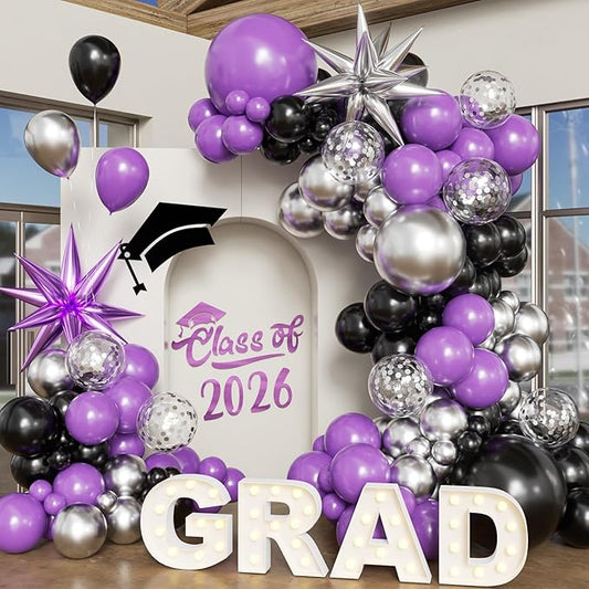 Purple and Black Balloon Arch Kit, 2026 Graduation Decorations, 130Pcs Purple Black Silver Balloons with Foil Star Confetti Balloons for College High School Graduation Decorations Class of 2026