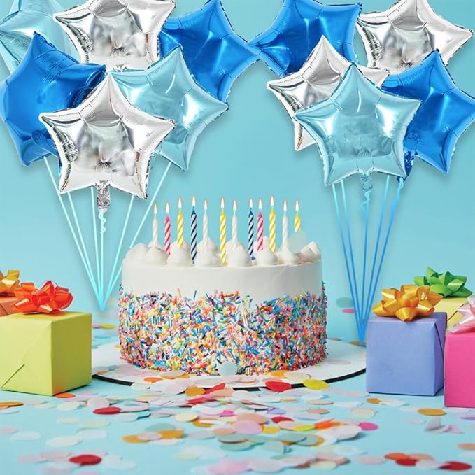 TONIFUL 30Pcs 18 Inch Large Blue Silver Star Shape Foil Balloons Big Stars Helium Mylar Ballons for Birthday Wedding Baby Shower Anniversary Engagement Party Decorations Supplies