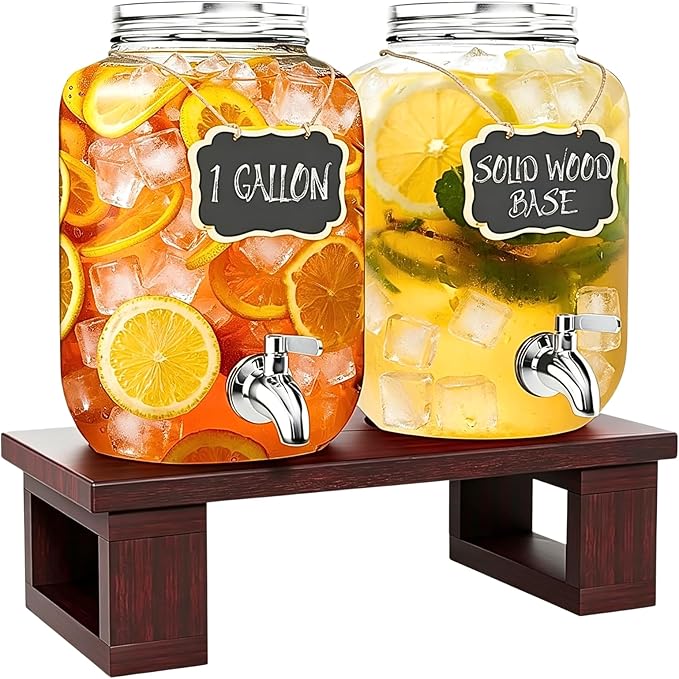 2PCS Large Glass Drink Dispensers for Parties, Glass Beverage Dispenser with Solid Wood Stand, Lemonade Dispenser with Stainless Steel Spigot & Filter for Juice, Sun Tea, Punch, Ideal for Parties