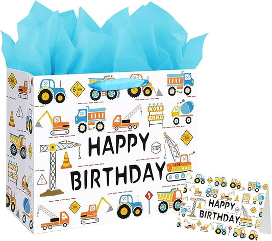 Laidans 13" Large Happy Birthday Gift Bag for Baby Boy Kids with Tissue Paper and Card (Construction Vehicle)