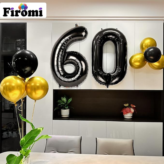 FIROMI 60 Number Balloons Black Big Giant Jumbo Mylar Foil 60 Balloon Numbers for 60th Birthday Party Anniversary Decorations 40-inches