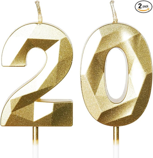 Number 20 Candles,20th Birthday Candles,Gold Happy Birthday Candle for Cake,3D Design Cake Topper Decorations for Boy Men Pet Birthday Party Wedding Anniversary Celebration Supplies