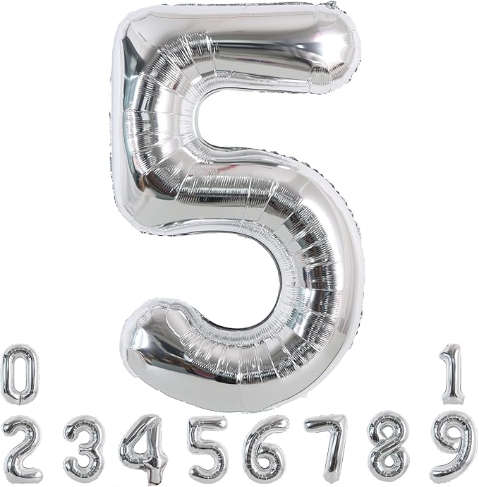 TONIFUL 40 Inch Silver Large Numbers Balloons 0-9, Number 5 Digital 5 Helium Foil Mylar Big Number Balloons for 2026 Graduation New Year Eve Birthday Party Anniversary Supplies Decorations