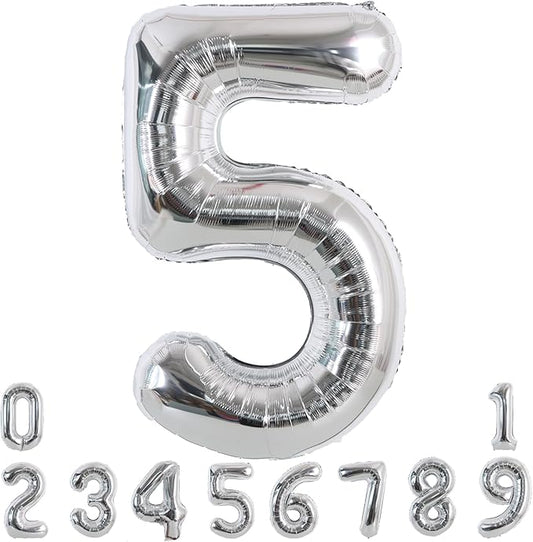 TONIFUL 40 Inch Silver Large Numbers Balloons 0-9, Number 5 Digital 5 Helium Foil Mylar Big Number Balloons for 2026 Graduation New Year Eve Birthday Party Anniversary Supplies Decorations