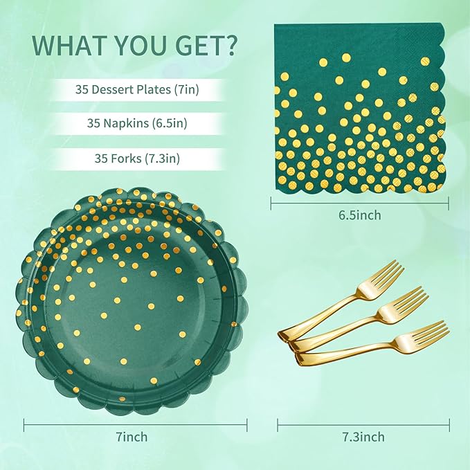 105PCS Green Plates and Napkins Party Supplies, Green and Gold Birthday Party Decorations, 7??Dessert Paper Plates for Wedding Baby Shower Graduation Decorations, Serves 35