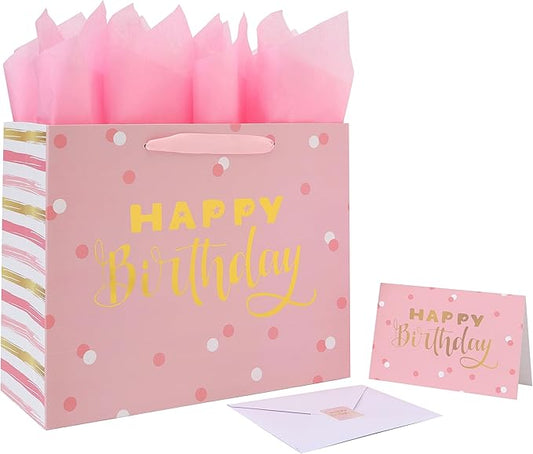 wishinside 13” Large Pink Birthday Gift Bag Set with Handles, Greeting Card, Tissue Papers and Stickers for Girls Women Kids Teens, Gold Foil Happy Birthday Design, 1 Pcs