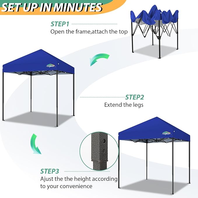 COBIZI 6.6x6.6ft Pop Up Canopy Tent, Heavy Duty Canopy Easy Set up All Weather Waterproof Outdoor Tent for Parties, Beach, Garden, with 1 Handbag, 3 Adjustable Heights, UPF50+, Dark Blue