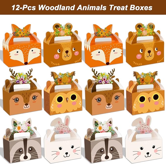 Tevxj 12 Pieces Woodland Party Favor Boxes Woodland Animals Creatures Theme Goodies Candy Treat Bags Forest Animal Valentine's Day Gift Box for Shower Birthday Party Decorations Supplies