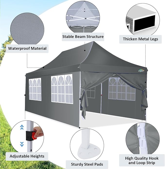COBIZI 10x20 Pop Up Canopy with 6 Sidewalls, Conical Party Tent 10x20 with 3 Adjustable Height Waterproof, UV-Resistant with Carry Bag, Sandbag, Stake, Ropes for Parties, Commercial (Frame Upgraded)