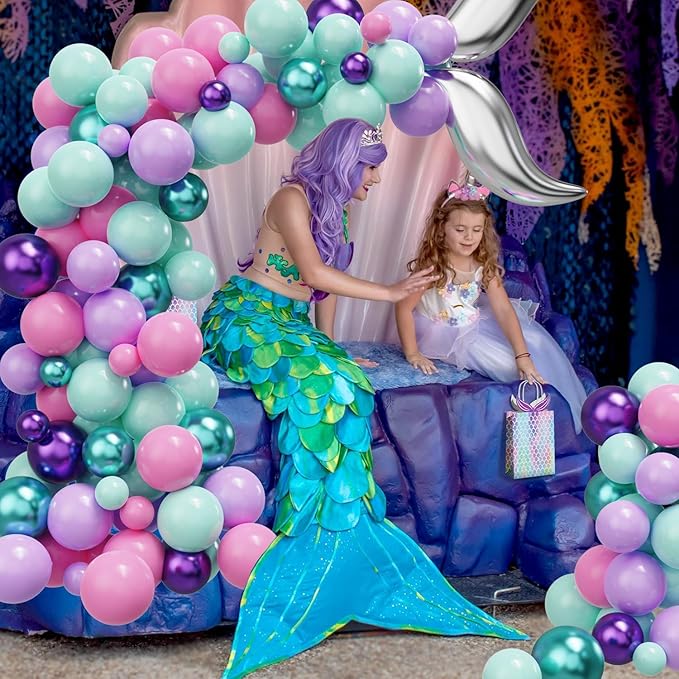 Mermaid Balloon Arch Kit, 122pcs Pink Purple Teal Mermaid Balloons with Silver Tail Foil Balloon 16ft Tape Strip & Dot Glue for Birthday Mermaid Party Decorations