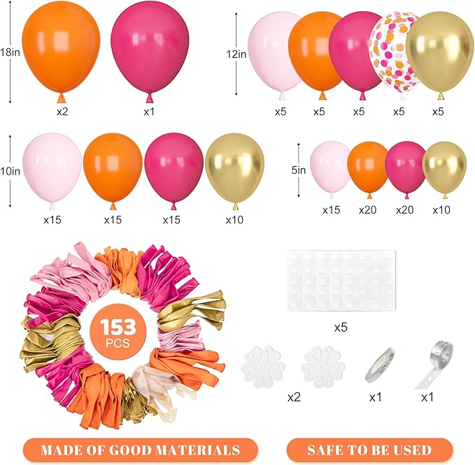 Amandir 153Pcs Pink and Orange Balloon Arch Kit, Different Sizes 18 12 10 5 Inch Metallic Gold Sunset Hot Pink Orange Confetti Latex Balloons Birthday Summer Tropical Graduation Party Decorations