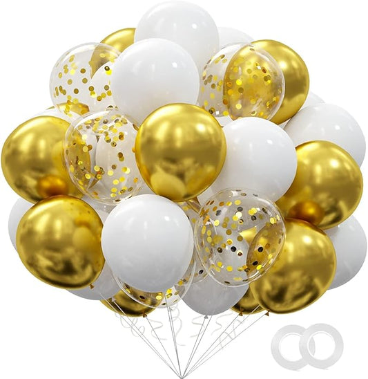 62pcs Gold White Balloons Kit - 12 Inches Gold White Confetti Party Decoration Balloons for Graduation Baby Shower Birthday Wedding Party Decorations Supplies