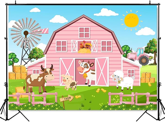 Mocsicka Pink Farm Barn Backdrop Large Cartoon Farm Animals Birthday Paty Decorations for Girls Farm Theme Birthday Cake Table Banner Photography Background (Pink, 10x7ft(120"x82"))