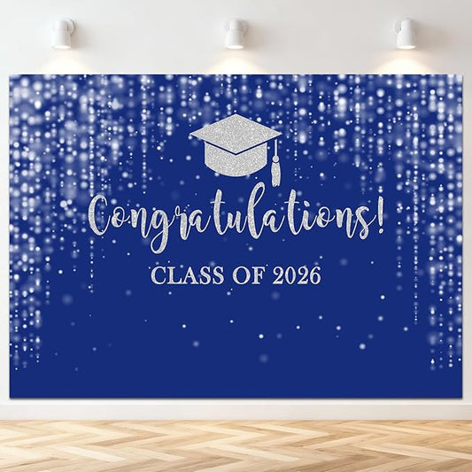 Mocsicka Class of 2026 Backdrop Blue Silver Glitter Bokeh Graduation Party Background 2026 Congrats Grad Prom Party Cake Table Decoration Photo Booth Props (8x6ft)