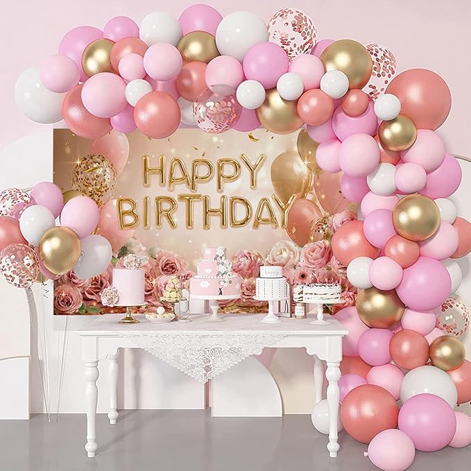 Mocsicka Rose Gold Birthday Backdrop Pink Balloon Floral Decorations for Women Girls Gold Anniversary Party Photography Background (Rose Gold, 70.8 x 43.3 Inch)