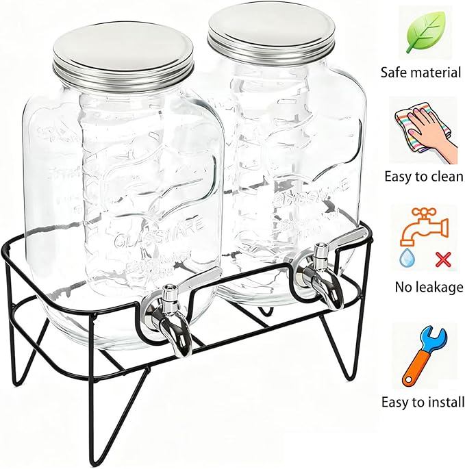 1 Gallon Glass Drink Dispensers For Parties 2PACK, Beverage Dispenser, Glass Drink Dispenser with Stand Stainless Steel Spigot, Lemonade Dispenser for BBQ Picnic, Party