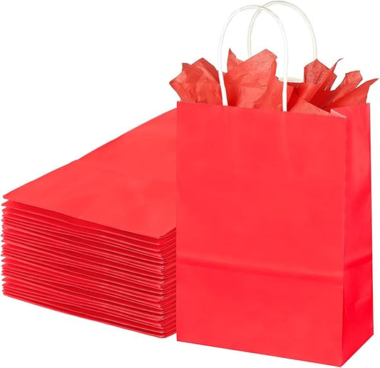 BLEWINDZ 32Pcs Small Paper Gift Bags with Tissues, Red Party Favor Bags with Handles, 8.7" Goodie Bag for Birthday, Shopping, Party Supplies