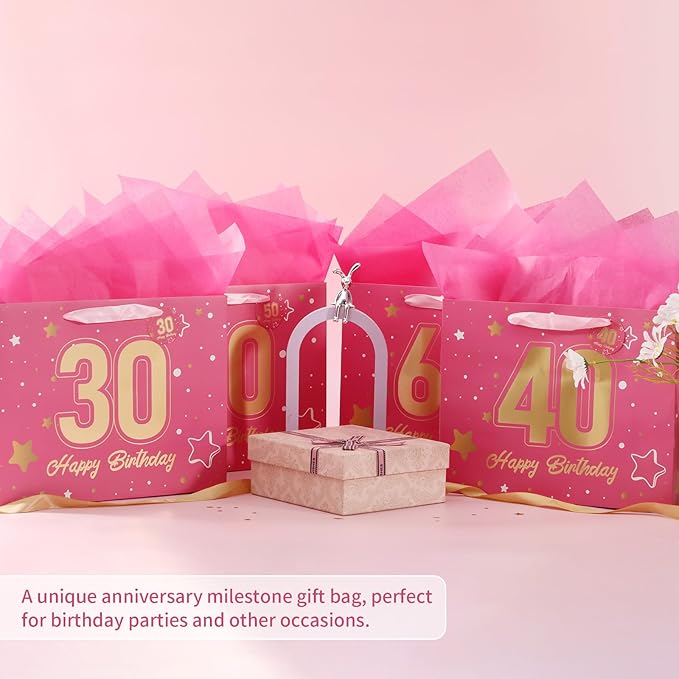 Powbrace 13" Pink 50th Birthday Gift Bag with Tissue Paper and Greeting Card for Party,Happy Birthday Gift Bag for Men Women,Gift Bags Medium size(1 Pink 50th)