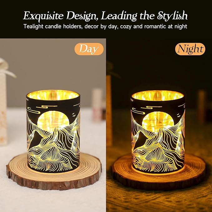Glass Tealight Candle Holder, SunGlee Votive Candle Holders with LED String Light for Wedding, Birthday, Christmas Party Centerpiece Table Decor, Handmade Candle and Gift for Woman 2Pack