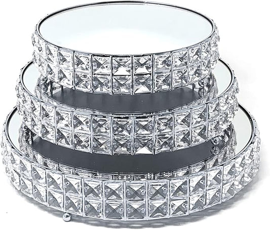 allgala Wedding Cake Stands 3-Piece Set Crystal Gold Plated Cheese Dessert Cupcake Cake Stand with Mirror Plate-Silver Round-HD89204