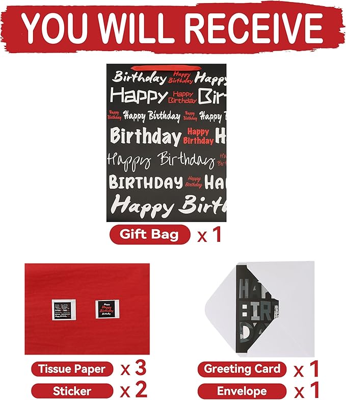 wishinside 16.5” Extra Large Black Happy Birthday Gift Bag Set with Handles, Greeting Card, Tissue Papers and Stickers for Women Men Girls Boys Kids Teens, White Red Words Design, 1 Pcs