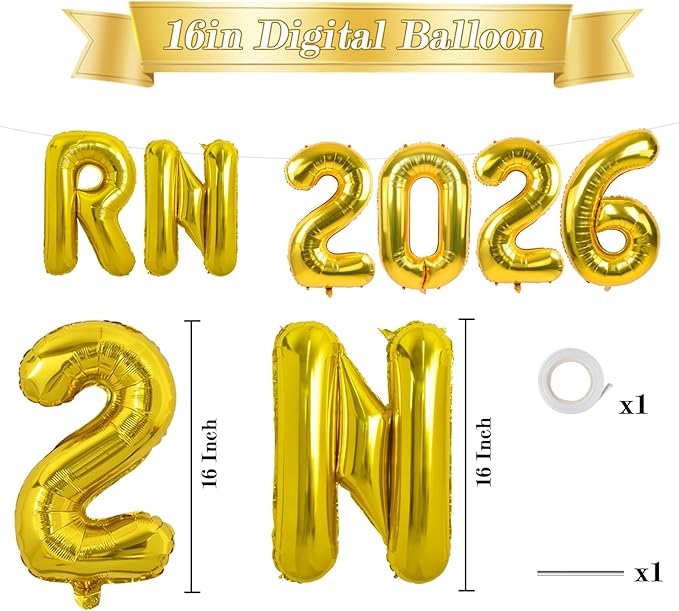 TONIFUL 2026 Nurse Graduation Decorations Gold RN 2026 Balloons 16 Inch RN 2026 Graduation Balloons Class of 2026 Registered Nurse Balloons Decorations 2026 Nursing Graduation Party Supplies