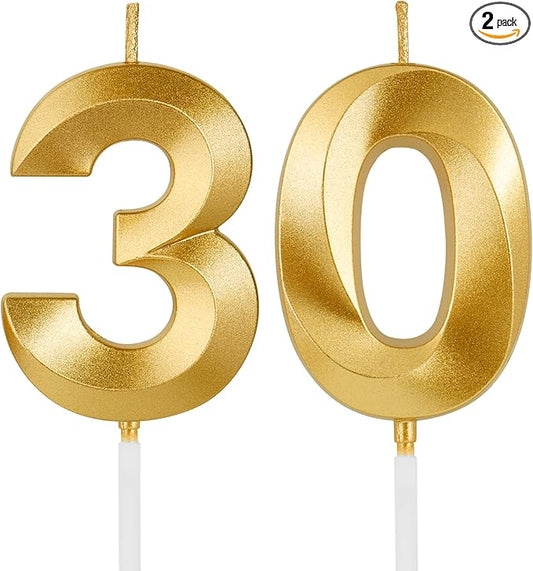 Birthday Candles, 1.96 Inch Number 30 Happy Birthday Candles, Number Candles Decoration for Birthday Party and Anniversary Celebration(Champagne Gold)